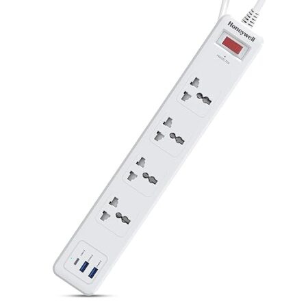 Honeywell 4 Out Surge Protector with Master Switch, Spike Guard/Extension Board, 4 Outlet, PD20W & 2xUSB, 13500Amp, 1.8 Meter Cord, DSW, Automatic Overload Protection.