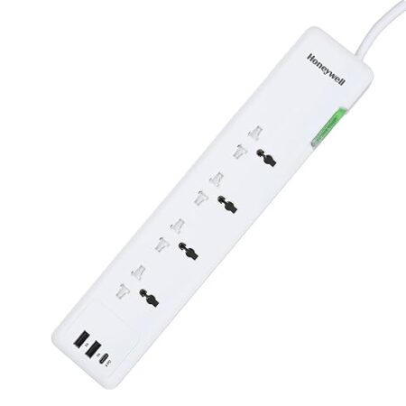 Honeywell Surge Protector, 4 Universal Sockets, 2USB, 1TypeC, 12000Amp, 1.5Mtr Cord, DSW,Automatic Overload Protection,Extension Board, Master Switch, X3 Fireproof MOV tech.